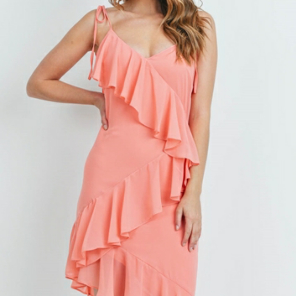 Coral asymmetrical hem ruffled maxi dress - Picture 4 of 7